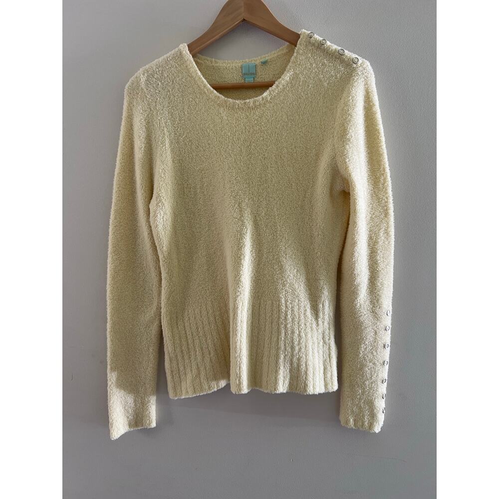 SHU SHU Soft Fuzzy Sweater Crew Neck Stretchy Silver Button Details Large JL